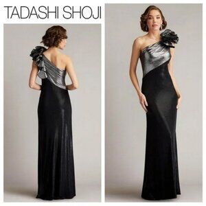 Tadashi Shoji Black Steel Korra One Shoulder Metallic Contrast Gown